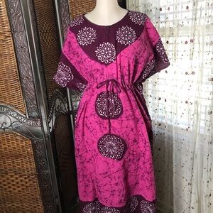 Printed Tie-Waist Midi Kaftan in Pink and Maroon 100% Cotton